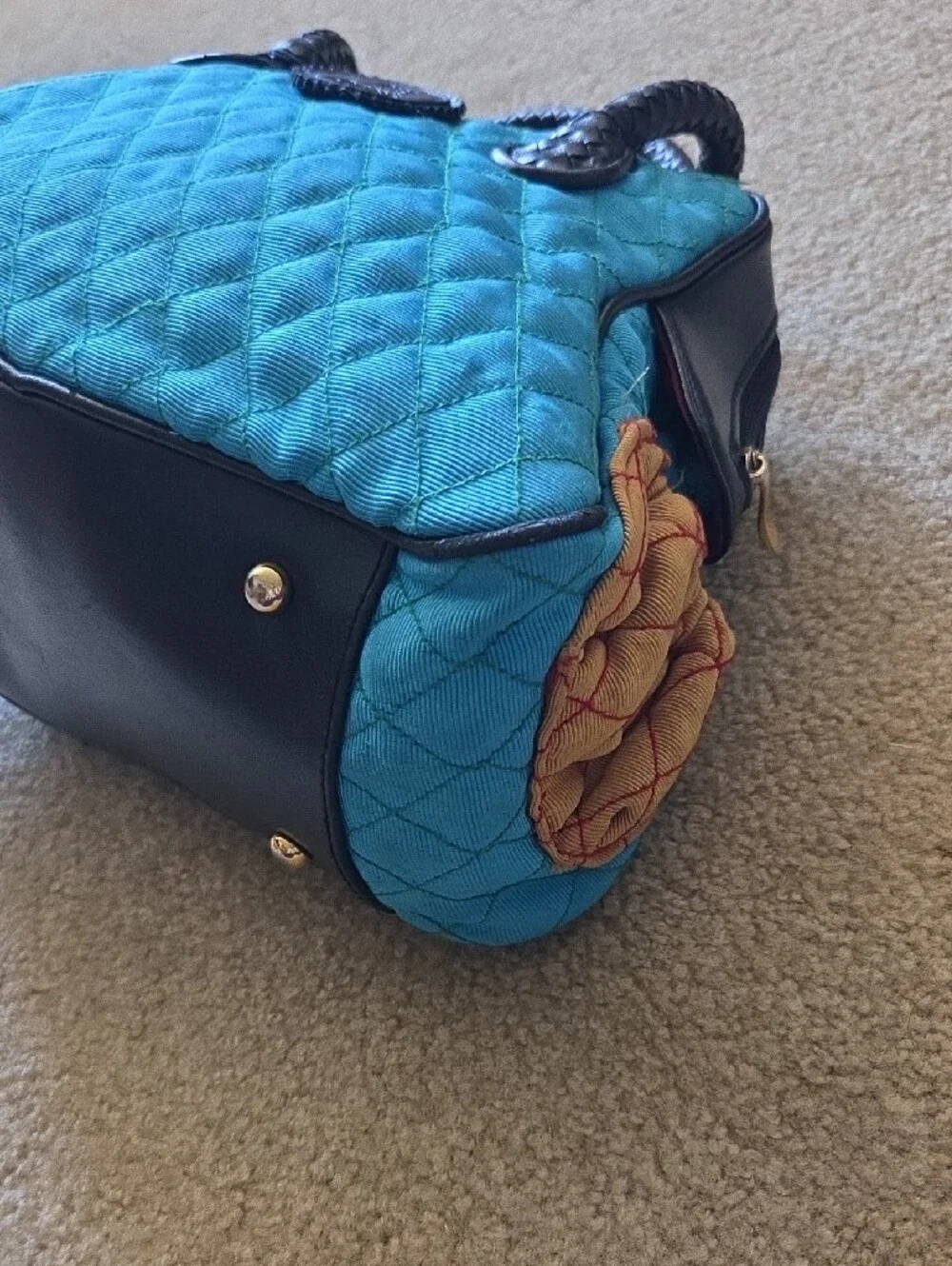 ANGELA FRASCONE Quilted Blue & Green Decorative Satchel Braided Black Handles